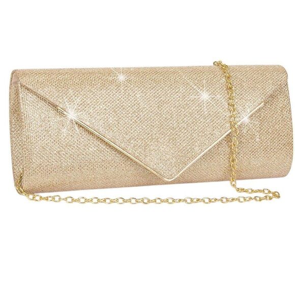 Boutique/Private Label Handbags - Gold Sparkling Envelope Evening Bag with Detachable Chain Strap 2 Pcs